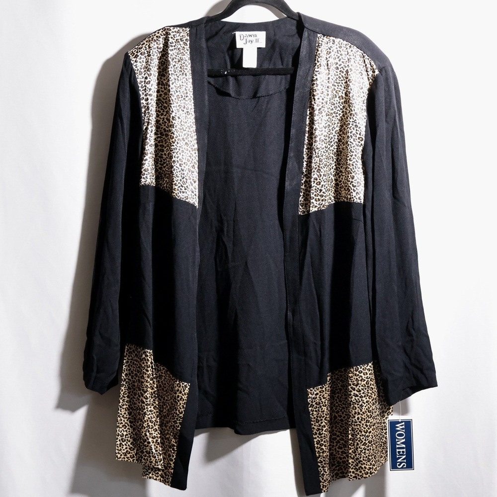 VTG NOS 80s Black Leopard‎ Print Patchwork Open Jacket 24 W Mob Wife Glamoratti
